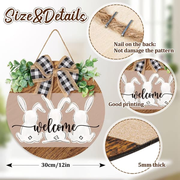 Easter Wooden Sign Hanging Door Decoration with Rabbit and Bow 30x30 cm Rustic