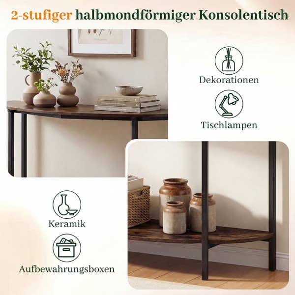 Halvmåneformat konsolbord med 2 hyllor, rustik brun