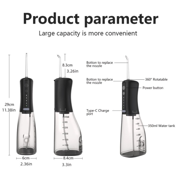 Hammasvesilankoitin, 350 ml kannettava suuhuuhtelulaite, jossa on 4 tilaa ja 4 suutinta, IPX7 vedenpitävä ladattava puhdistin kotimatkoille black