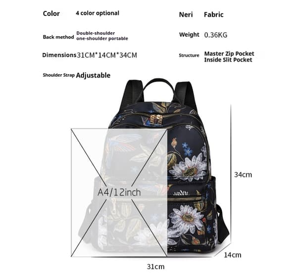 Sommerfuglerygsæk til damer 15L Vandtæt skoletaske Sort med blomsterdesign