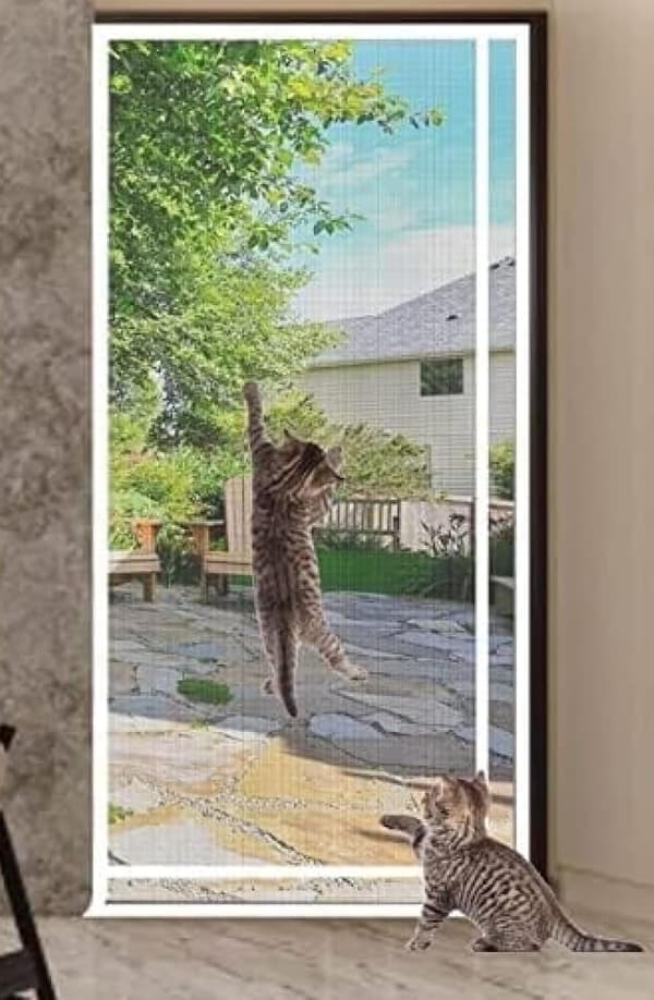 Forstærket myggenetdør til katte og hunde, kæledyrsresistent, åndbar, med lynlås, hvid