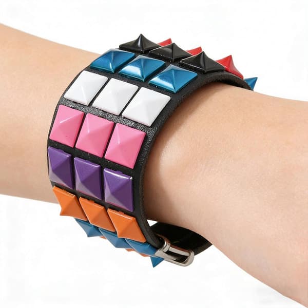 Punk Bracelet Soft PU Leather Three Rows Square Studs Adjustable Multicolor