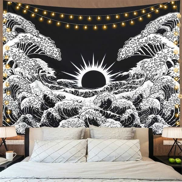 Mandala-gobeliini, suuri aalto auringonlaskulla, valtameri, mustavalkoinen gobeliini, seinävaate olohuoneeseen, makuuhuoneeseen (aalto, M / 130x150cm)