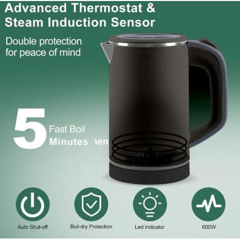 800 ml minivannkoker for reise, 600 W, rustfritt stål, hurtigkoking 5 minutter