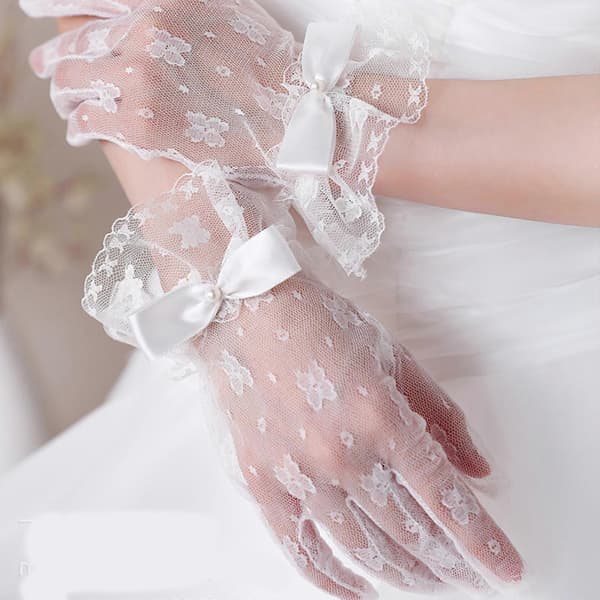 1 par elastiske meshhandsker sløjfe damehandsker mode prinsesse bryllupshandsker til bryllup og fashionable begivenheder hvid Hvid White