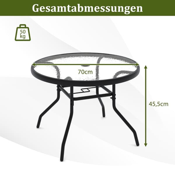 Pyöreä lasipöytä ulkokäyttöön aurinkovarjon reiällä, 70 cm