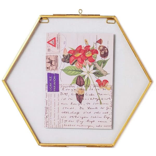 Hængende sekskantet herbarium messingglasramme til pressede blomster, tørrede blomster, dobbelt glas, flydende ramme stil