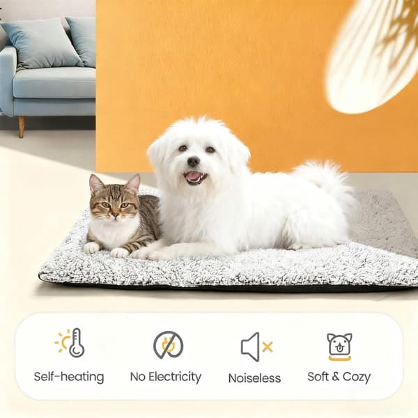 Self-heating Cat Bed Mat, Soft Plush Surface, Non-slip Base, Machine Washable, Grey, 50 x 40 cm