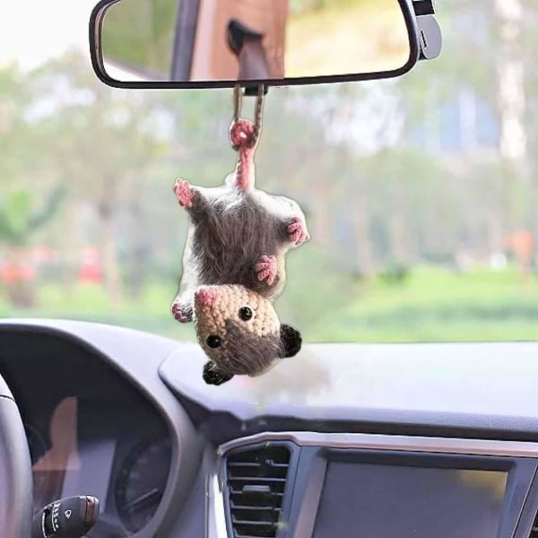 Opossum Bil Charm, Opossum Bil Hængende Ornament, Sød Opossum Bil Dekoration Bakspejl Tilbehør, Håndlavet Strikkede Opossum Hæklegaver til Bil A2