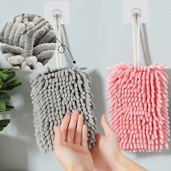 Hanging Towel, Soft Microfiber Hand Towel with High Pile, Super Absorbent Quick Drying Towels with Hanging Loop for Kitchen and Bathroom (2-Pack)
