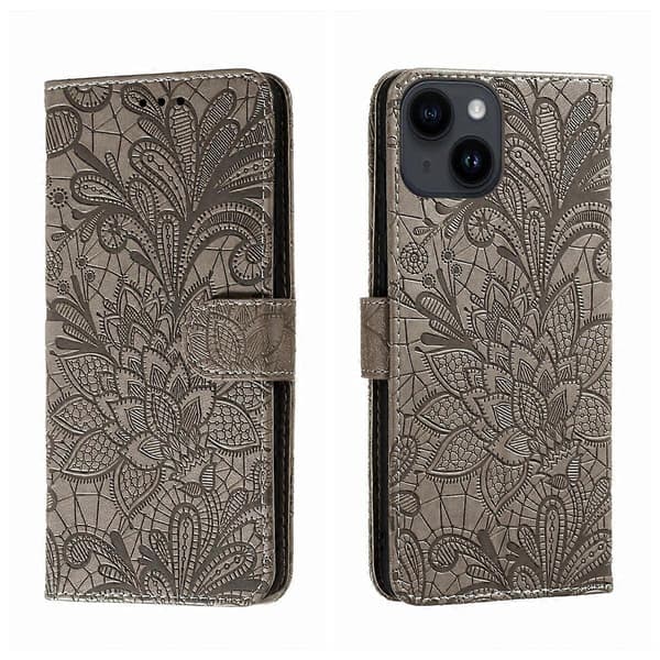 Blomsterpræget lædertelefoncover til iPhone 15