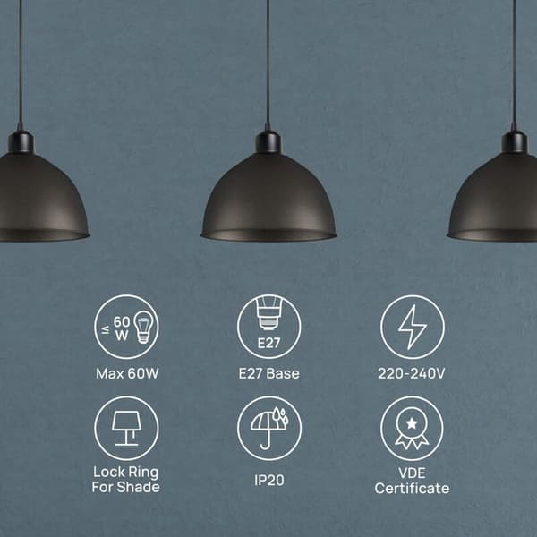 Adjustable E27 Pendant Lamp with 100cm Textile Cable, Black - Compatible with Lampshades, Ideal for Kitchen Lighting