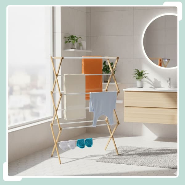 Hopfällbar torkställning – bambu och metall, 6 nivåer