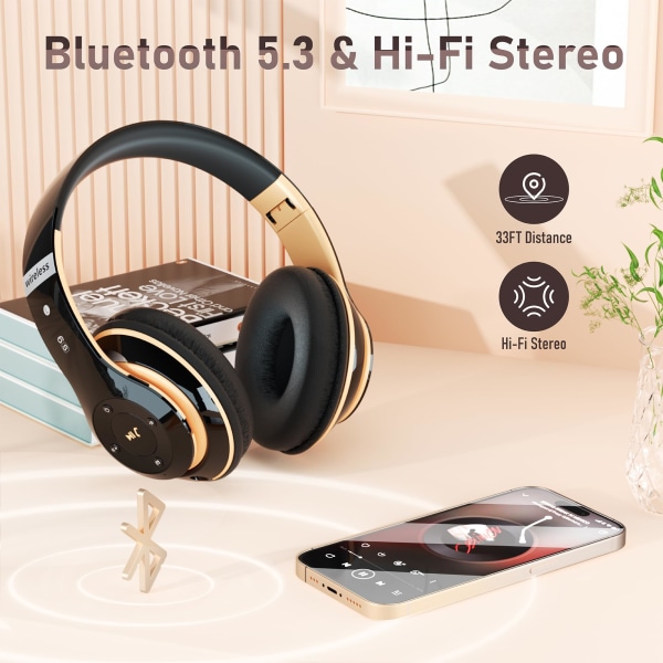Bluetooth-kuulokkeet, 6S langattomat kuulokkeet 6 EQ-tilalla, 40 tunnin toistoaika, taitettavat HiFi-stereokuulokkeet mikrofonilla puhelimeen/tietokoneeseen/työhön black gold
