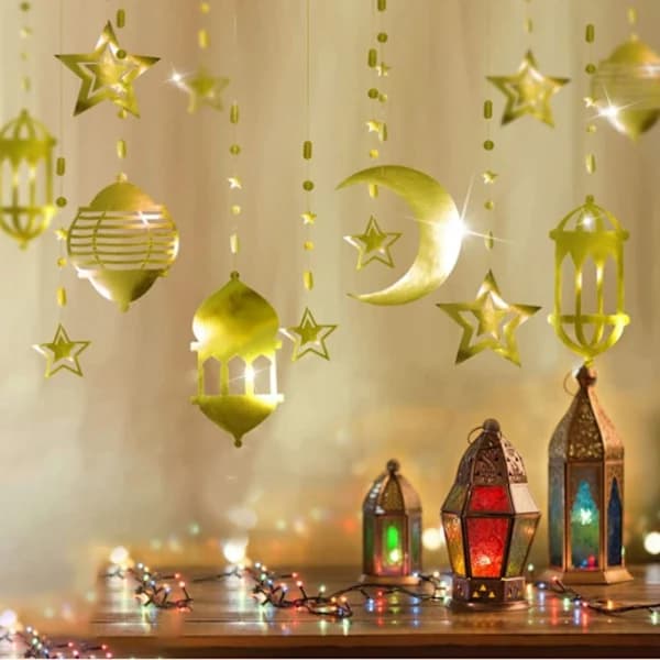 Eid Mubarak Gull Banner Dekorasjon Hengende Stjerne Måne Lys