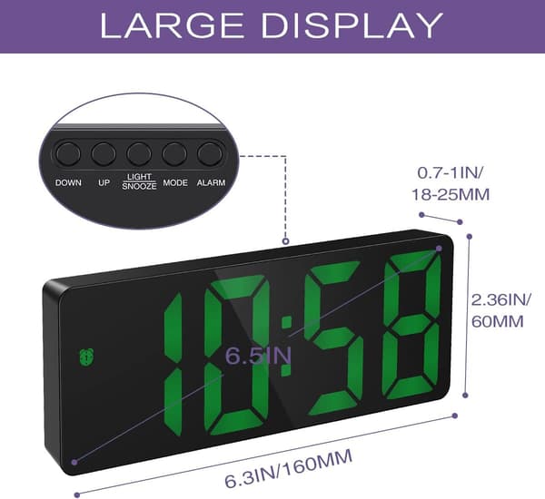Digitalt vækkeur 6,5'' LED-display, justerbar lysstyrke, USB-opladning, sort