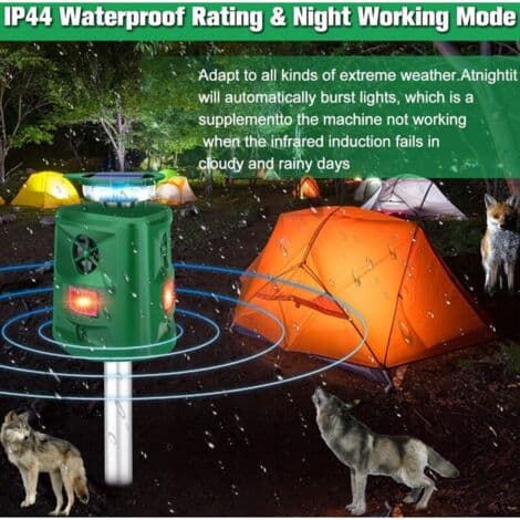 Solar Powered Ultrasonic Animal Repeller - 9 Meter Detection Range - 5 Adjustable Modes - IP44 Waterproof - 360° Protection Against Cats and Foxes