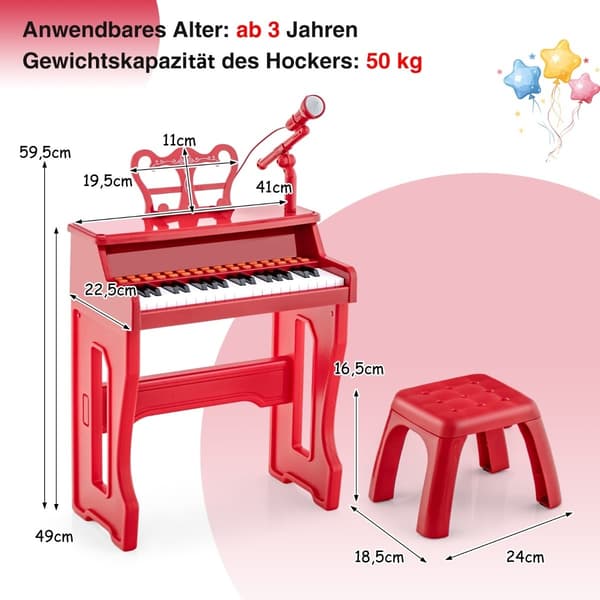 Børne-keyboard-sæt med 37 tangenter, mikrofon og skammel, rød