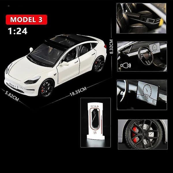 1:24 Tesla Model 3 Model Y Model S Model X trykstøbt bilmodel lyd og lys samlerobjekt hvid