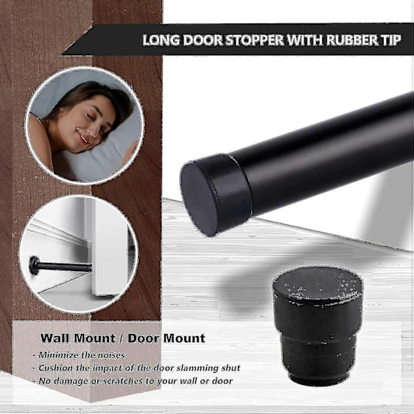 Dørstopper, 15 cm lang dørstopper, veggmontert, kraftig solid svart dørstopper børstet rustfritt stål med myk gummiknott - Perfekt black 6 Inch*10