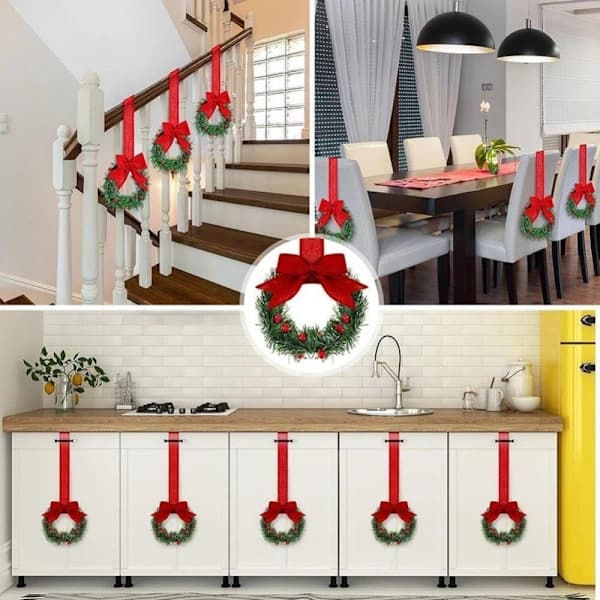 Christmas Wreath for Cabinets with Rowan Berries & Bow - Festive Decoration for Kitchen and Windows - 4-PACK Red
