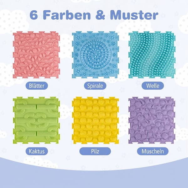 Sammenkoblede sensoriske matter, 6 stk, flerfarget TPE, 30x30 cm