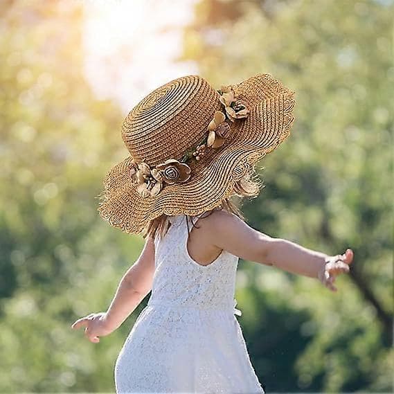 Stråhatt for barn og jenter, blomstret sommer, sammenleggbar solhatt med bred brem