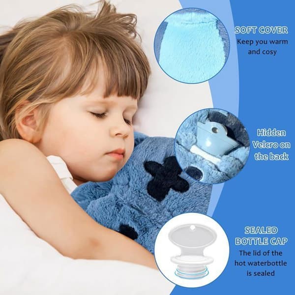 Hot water bottle for children with soft plush cover (blue)