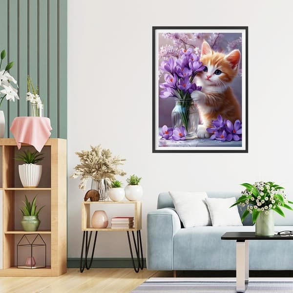 Katt Diamantmålningssats 5D Lila Blommor 35x45cm