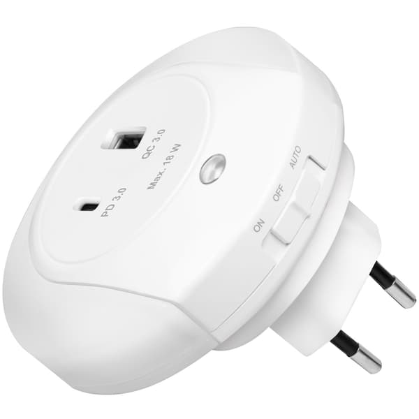 LED-natlampe med skumringssensor og 18W USB-oplader