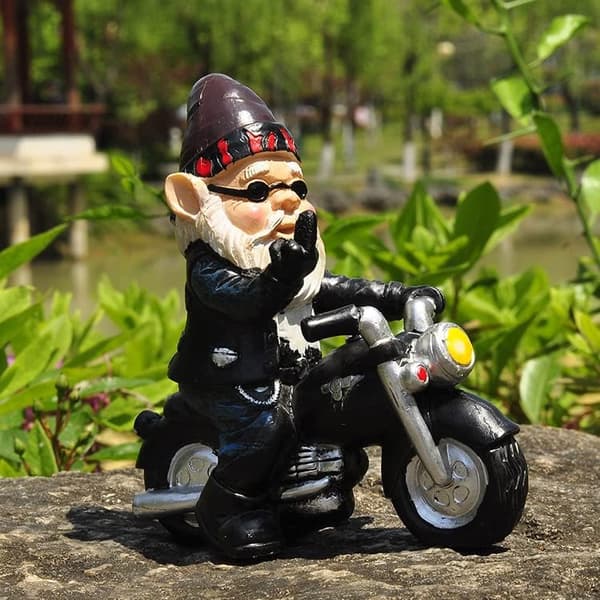 Dvärgtomte Resin Skrivbords Trädgårdsprydnadsstaty Dvärgmotorcykel
