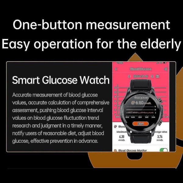 Smart Watche Blodsukkerovervåking Blodtrykk Kroppstemperatur Smartwatch Ip68 vanntett treningsmåler Brown Leather