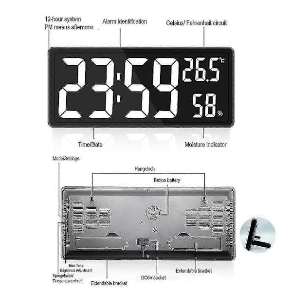 Digital Klocka Stor Display, Stor Digital Väggklocka Med Temperatur Och Luftfuktighet, Digital Väggklocka Med LED-Siffror För Sovrum, Kontor, Tydlig...