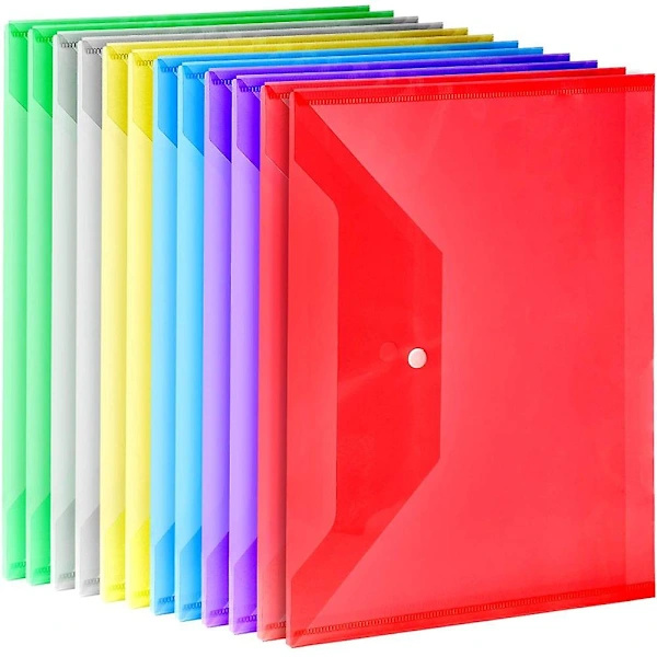 12-pack Plastic Pockets, Poly Pockets, A4, Transparent File Folders, Document Pockets, Document Organizers, in 6 Different Colors