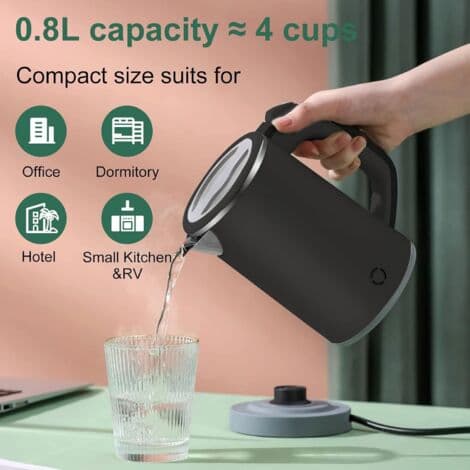 800 ml Mini-elkedel til rejser, 600 W, rustfrit stål, hurtig kogning på 5 minutter