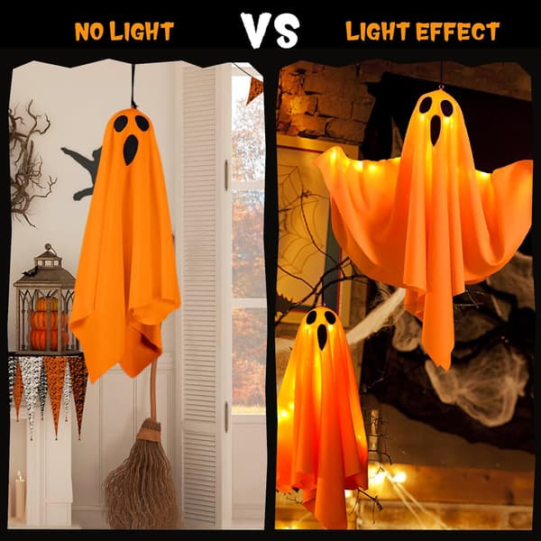Halloween Spökdekorationer 4-pack Hängande Spöken med LED-ljus Vit Orange 50x40 cm Polyester