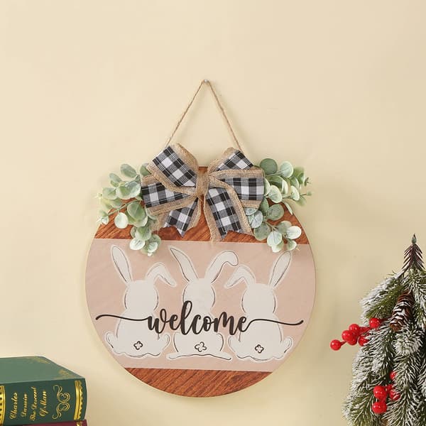 Easter Wooden Sign Hanging Door Decoration with Rabbit and Bow 30x30 cm Rustic