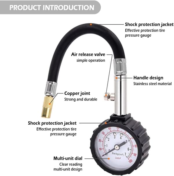 Kompatibel däcktrycksmätare med 100 PSI-urtavla