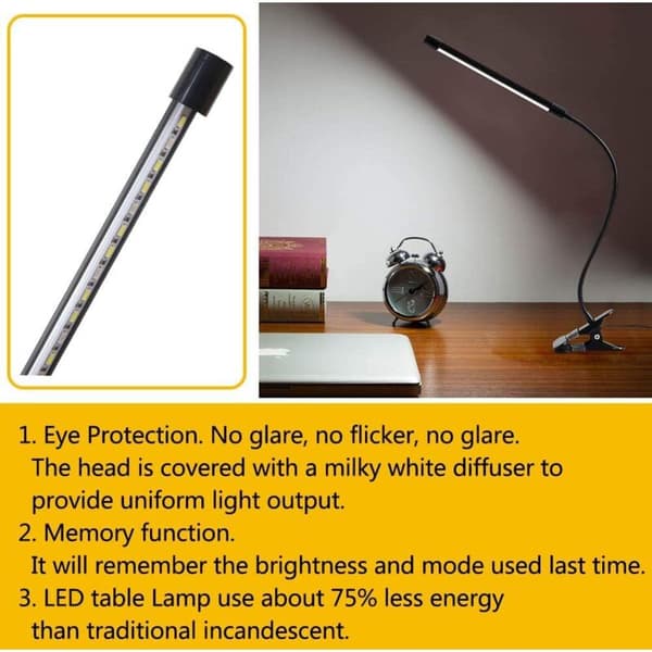 LED-skrivebordslampe med klemme, USB, 7 W, 3 lystilstande, 10 lysstyrkeniveauer, sort