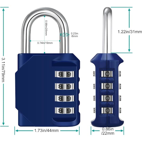 Combination Padlock, 4-Digit Code Lock, Gym Padlock, School Locker Lock, Weatherproof Outdoor Combination Lock Blue Blue Blue