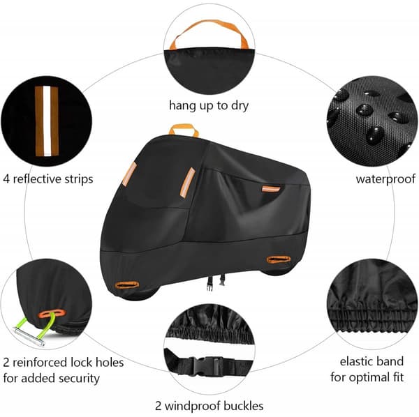 95*125*230 cm Motorcycle Cover - 210D, Waterproof, with 4 Reflective Strips & Lock Hole - Black