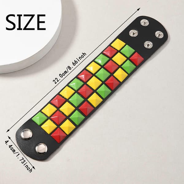 Three Row Square Stud Punk Style Leather Bracelet Adjustable Multicolor