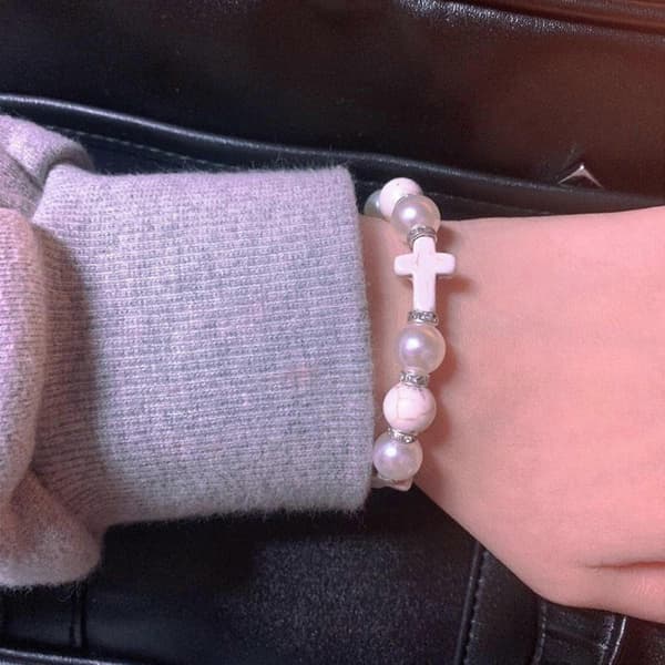 Cross Beaded Stretch Bracelet Religious Christian Thread Bracelet Natural Stone