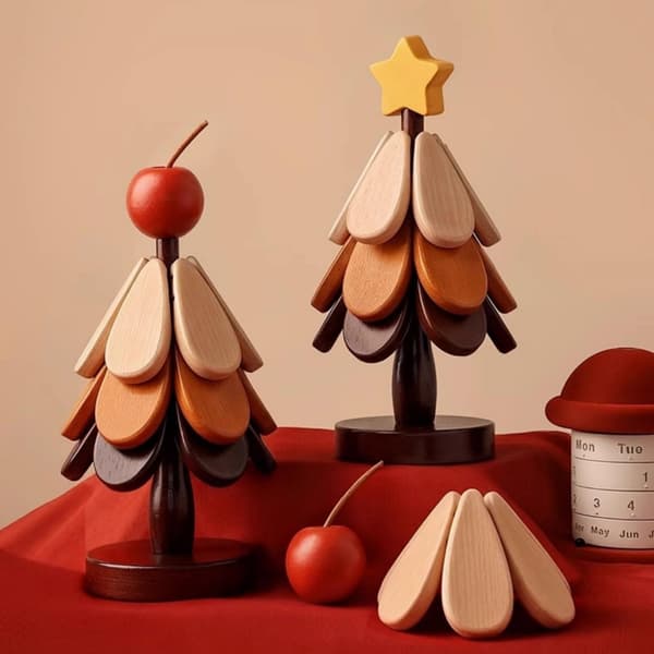 Hot Pot Wooden Trivet Set with Natural Wood Coasters Foldable Christmas Tree Non-Slip and Stackable
