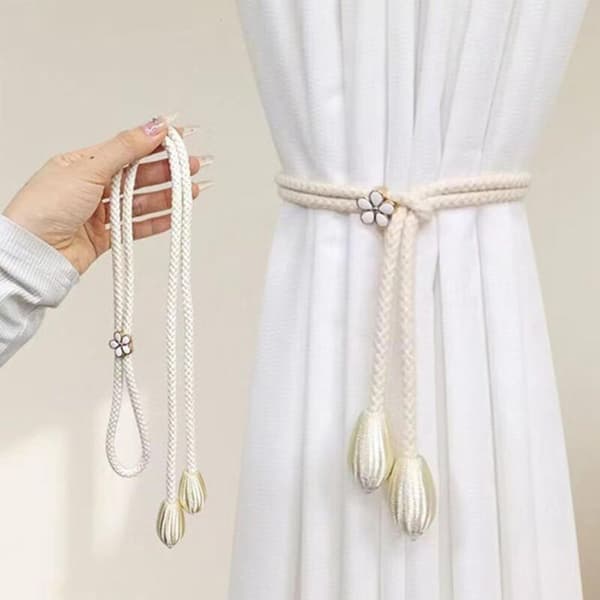 4 stk. Håndlavede gardinholdere i bomuld, beige