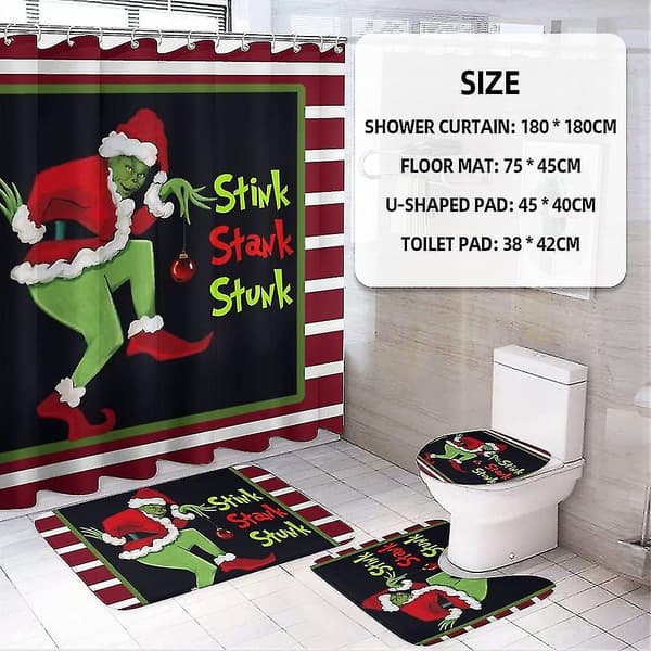 4-piece shower curtain set with Grinch pattern, opaque, easy to install, for bathroom accessories
