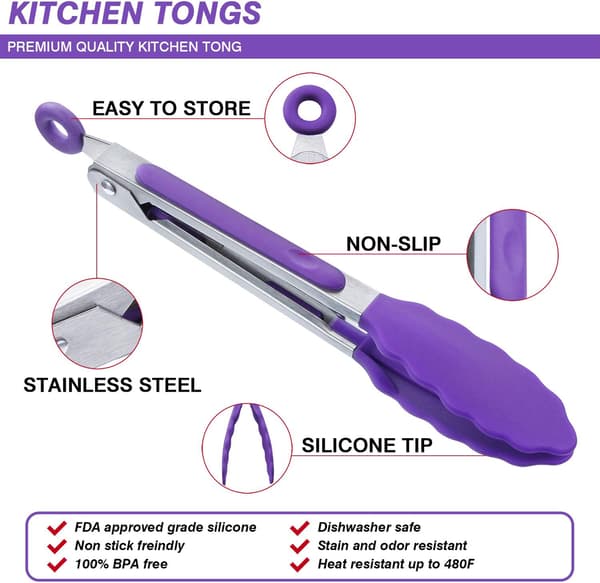 Mini silikone serveringstang 7\" Sæt med 1 - Lilla køkken silikone