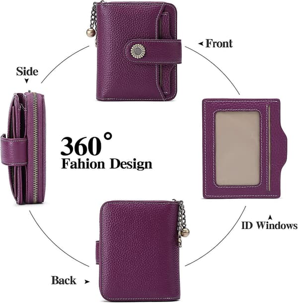 Compact RFID Protected Small Genuine Leather Wallet for Women - Dark Purple