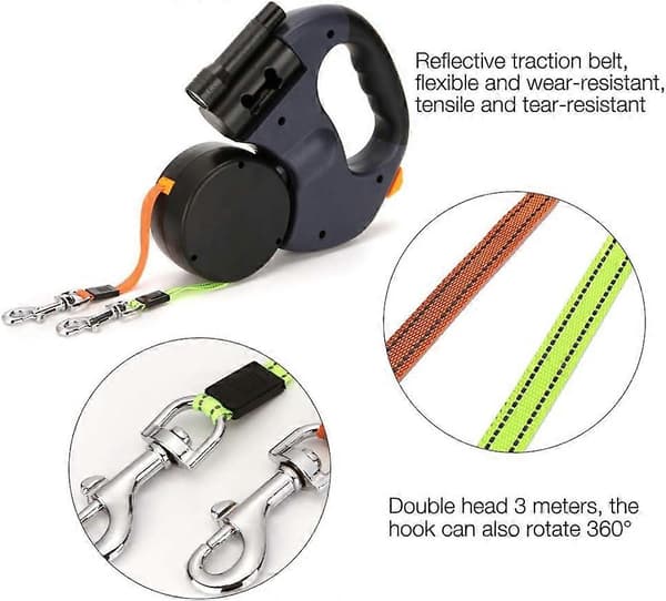 Infällbart dubbelkoppel för två hundar, 3 m, halkfritt grepp, ABS/nylon, för små och medelstora hundar