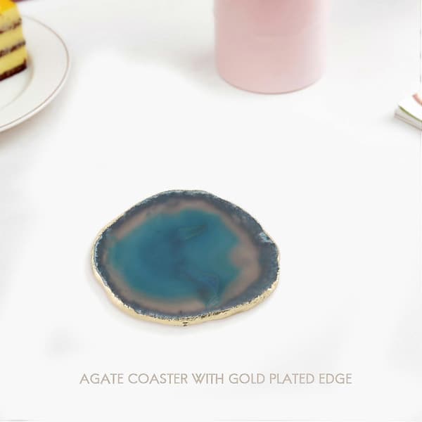 2 stk Agatskive Blå Agat Coaster Tekop Bakke Dekorativ Design Sten Coaster Guldkant Boligindretning